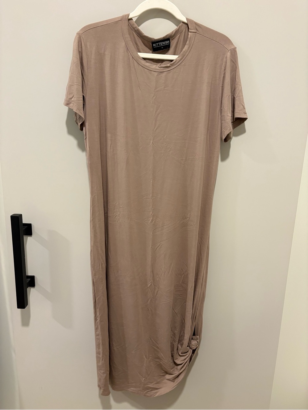 Kittenish Taupe Knot-Hem Short Sleeve Midi Dress